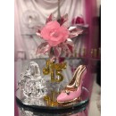 Mis Quince Anos Sweet 15 Pink Acrylic Flower with High Heel Shoe Favor and Purse Gift Keepsake
